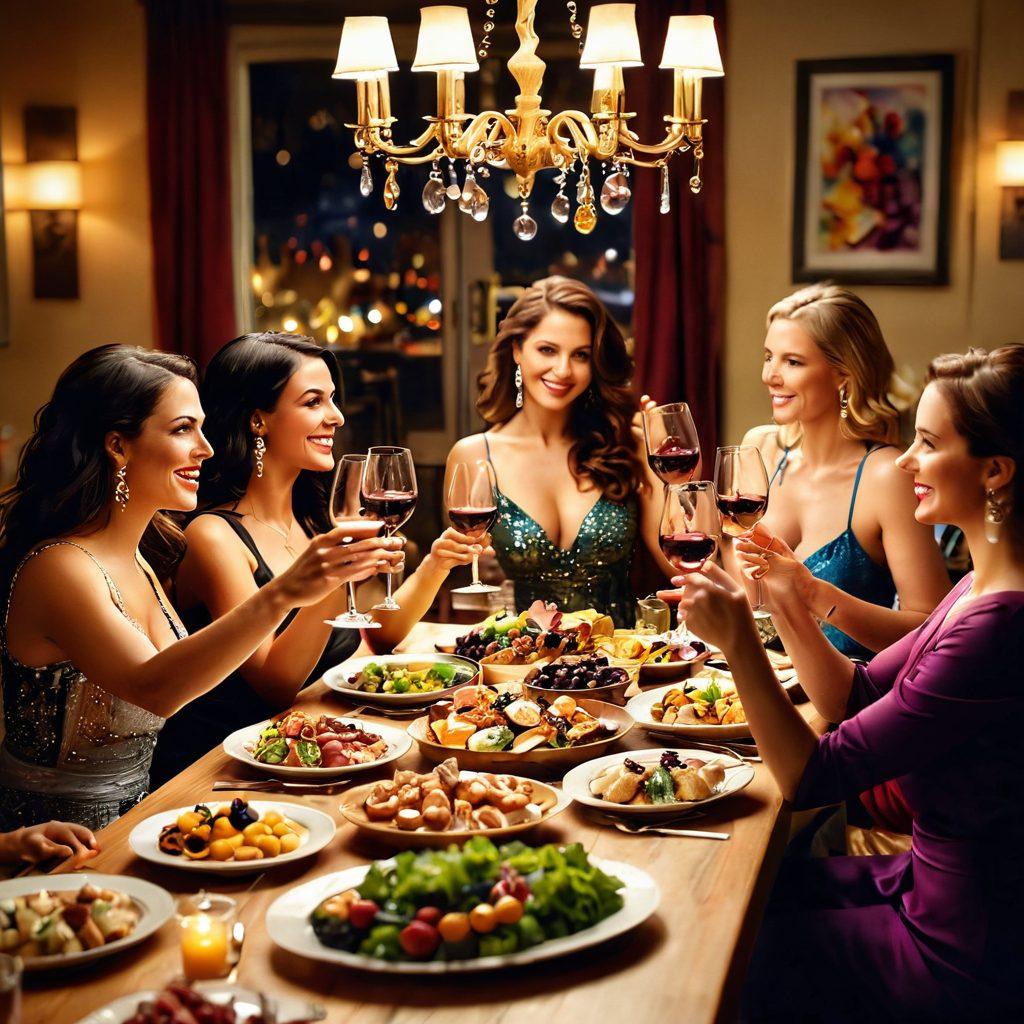 A vibrant scene of a lively celebration featuring diverse, glamorous busty models joyfully raising glasses of fine wine amidst a beautifully decorated table full of gourmet appetizers. Soft, colorful lighting casts a warm glow over the atmosphere, highlighting playful laughter and elegant decor. The background should have subtle elements of wine bottles and sparkling glasses. super-realistic. vibrant colors. warm lighting.