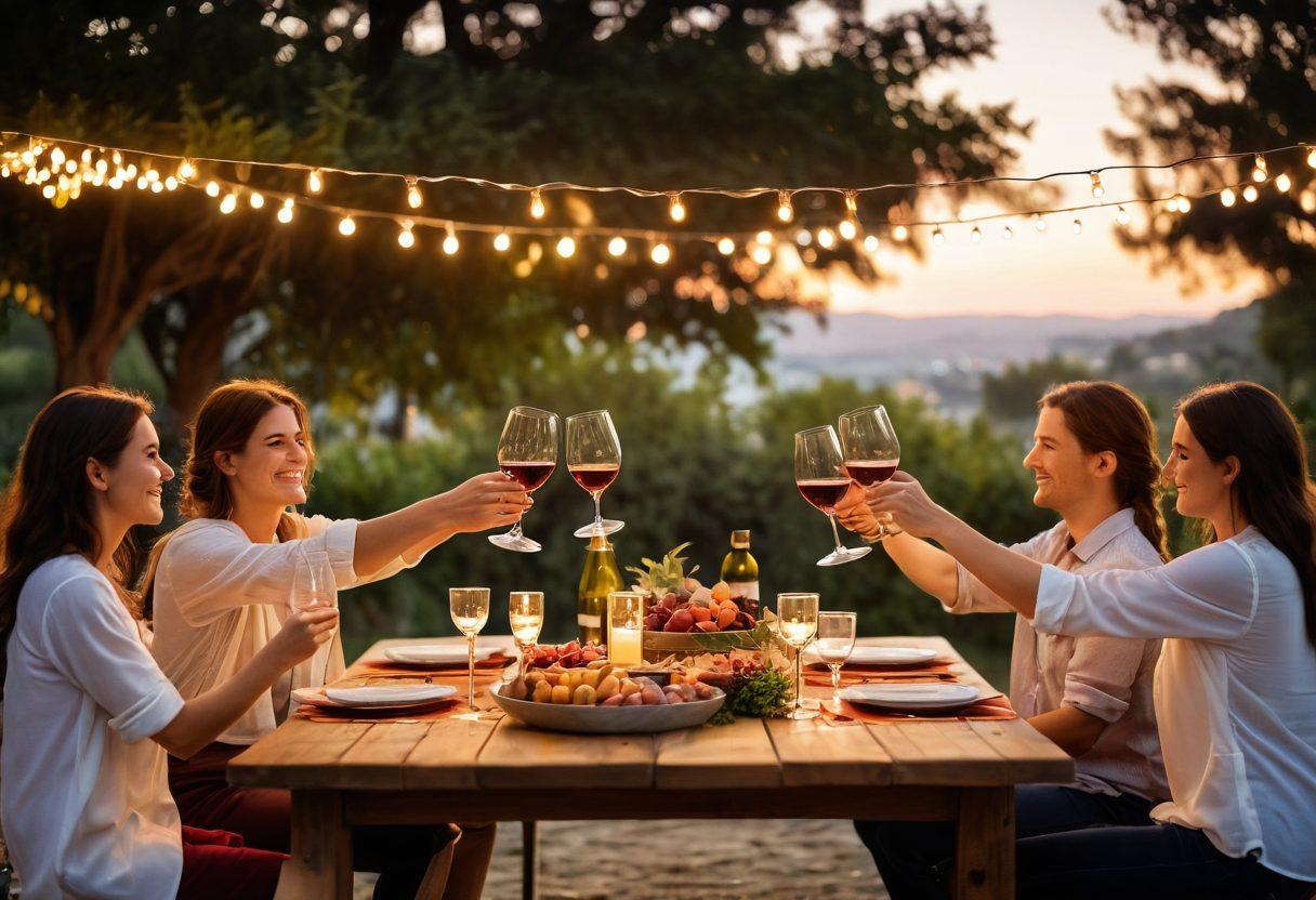 A beautifully set dining table outdoors under twinkling fairy lights, featuring elegant wine glasses filled with rich red and white wines, surrounded by cheerful friends toasting and enjoying each other's company. An abundance of delicious appetizers and a picturesque sunset in the background create a warm, inviting atmosphere. soft focus, vibrant colors, super-realistic.